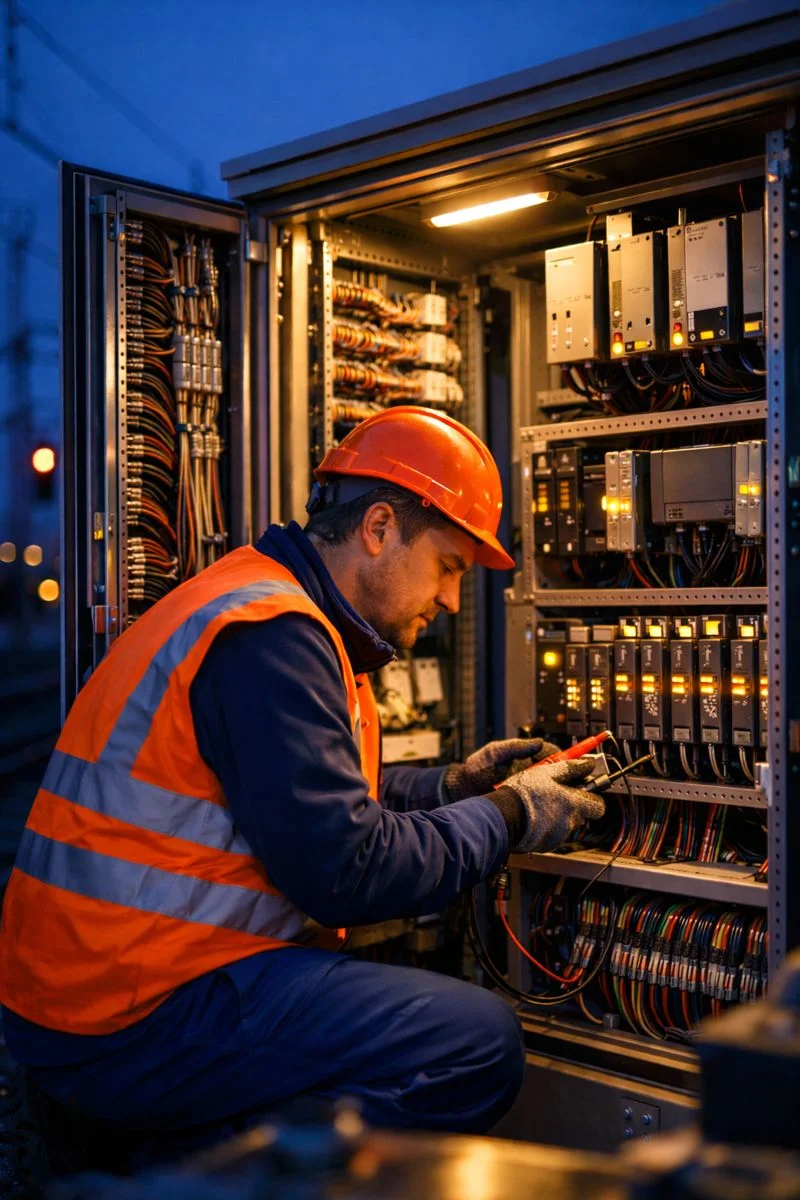 SIGFIX LST-Fachkraft bei Kabelschrank-Arbeiten im Bahnumfeld